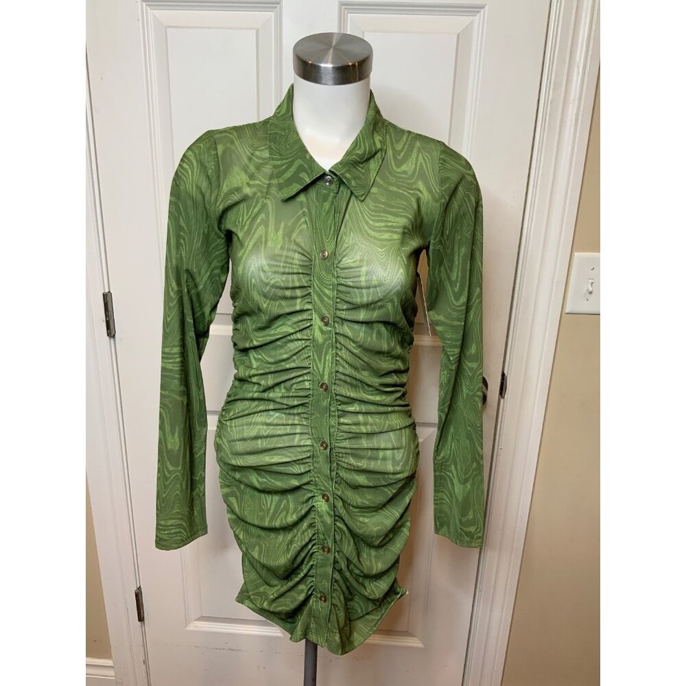 Good American Green Pesto Swirl Collared Ruched Dress, Size 0